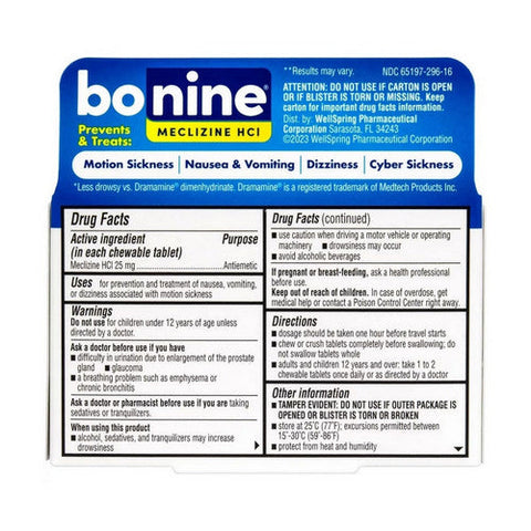 Bonine, Non-Drowsy Nausea Relief Meclizine Hci Raspberry, 25 Mg, 16 Tabs Bonine