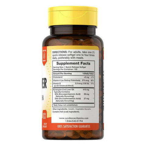 Sundance, Norwegian Cod Liver Oil With EPA-DHA Quick Release Softgels, 100 Tabs Sundance