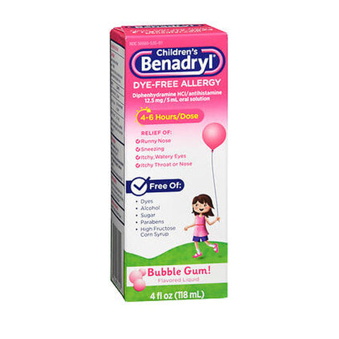 Benadryl, Children'S Dye-Free Diphenhydramine Allergy Liquid Bubble Gum, 4 Oz Benadryl
