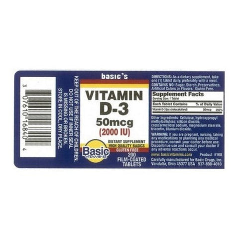 Basic Vitamins, Natural Vitamin D-3, 50 Mcg, 200 Coated Tablets Basic Vitamins