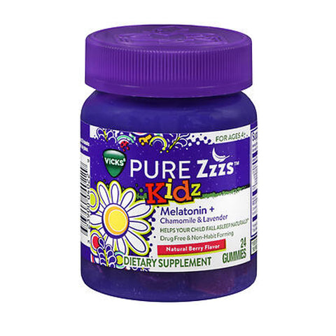 Vicks, Pure Zzzs Kidz Melatonin + Chamomile And Lavender Gummies Natural Berry, 24 Each Vicks