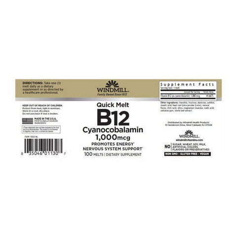 Windmill Health, Quick Melt Vitamin B12 Cyanocobalamin, 1000 Mcg, 100 Count