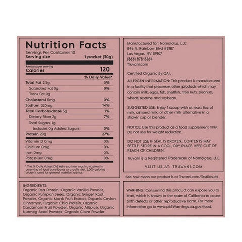 Truvani, Organic Plant Based Protein Vanilla Chai, 10.8 Oz Truvani