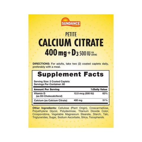 Sundance, Calcium Citrate Plus D3 Coated Caplets Petite, 400 Mg, 120 Caps
