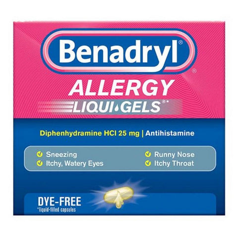 Benadryl, Allergy Diphenhydramine Hcl Antihistamine Liqui-Gels Dye-Free, 25 Mg, 24 Count Benadryl