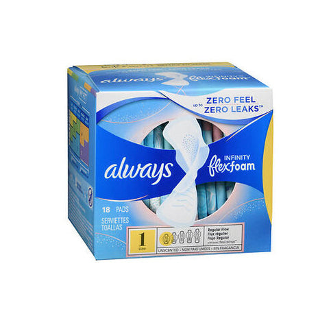 Always, Infinity Flexfoam Pads Size 1 Regular Flow With Flexi-Wings Unscented, 18 Count Always